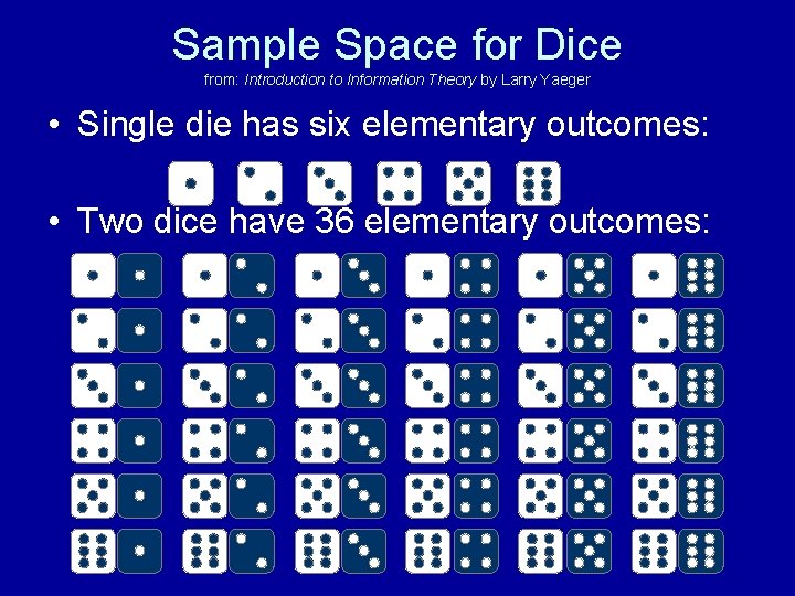 Sample Space for Dice from: Introduction to Information Theory by Larry Yaeger • Single