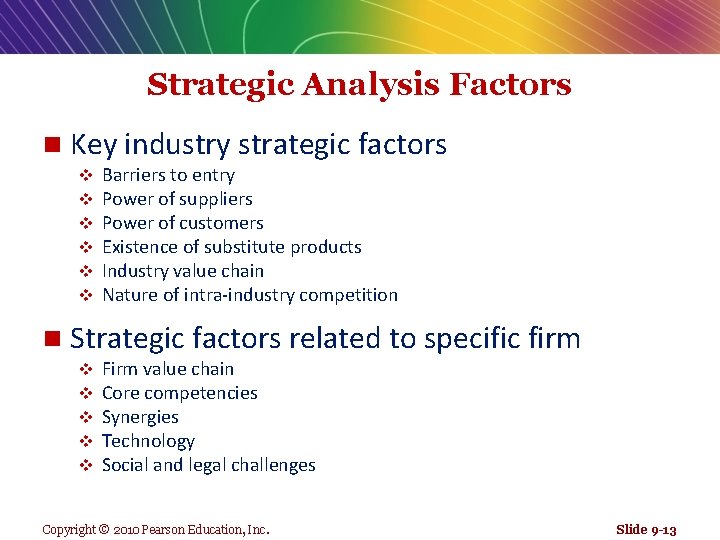 Strategic Analysis Factors n Key industry strategic factors v v v n Barriers to