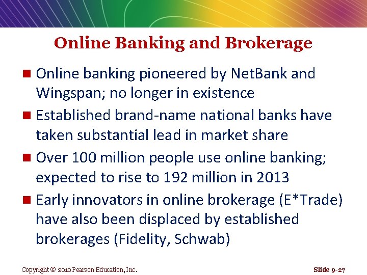 Online Banking and Brokerage Online banking pioneered by Net. Bank and Wingspan; no longer