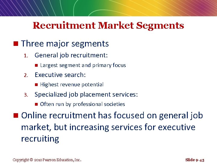 Recruitment Market Segments n Three major segments 1. General job recruitment: n 2. Executive