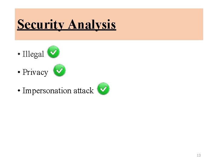 Security Analysis • Illegal • Privacy • Impersonation attack 13 