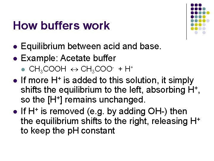 How buffers work l l Equilibrium between acid and base. Example: Acetate buffer l