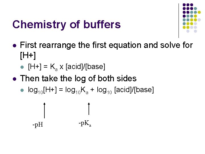 Chemistry of buffers l First rearrange the first equation and solve for [H+] l