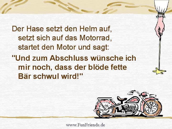 Der Hase setzt den Helm auf, setzt sich auf das Motorrad, startet den Motor