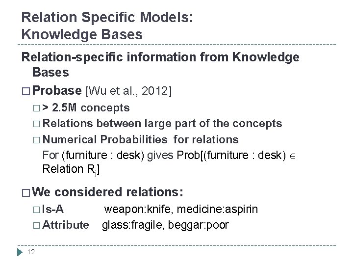 Relation Specific Models: Knowledge Bases Relation-specific information from Knowledge Bases � Probase [Wu et