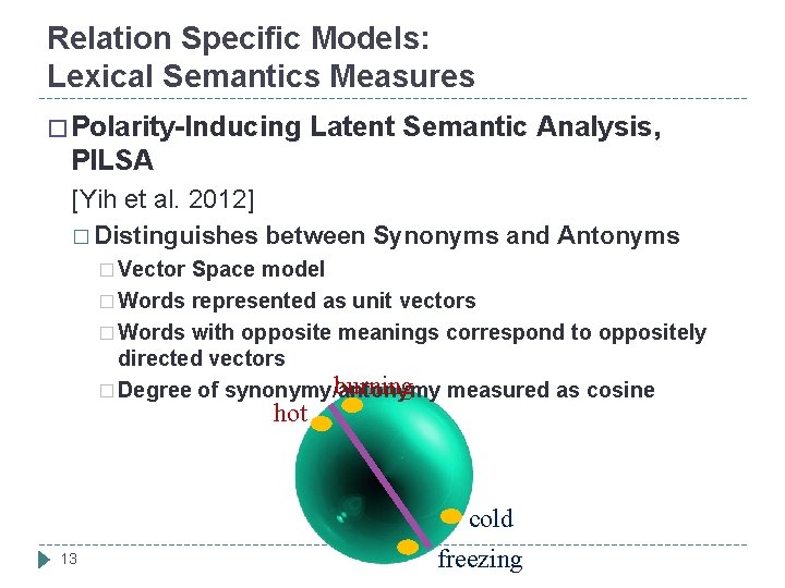 Relation Specific Models: Lexical Semantics Measures � Polarity-Inducing Latent Semantic Analysis, PILSA [Yih et