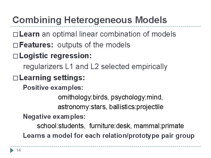 Combining Heterogeneous Models � Learn an optimal linear combination of models � Features: outputs