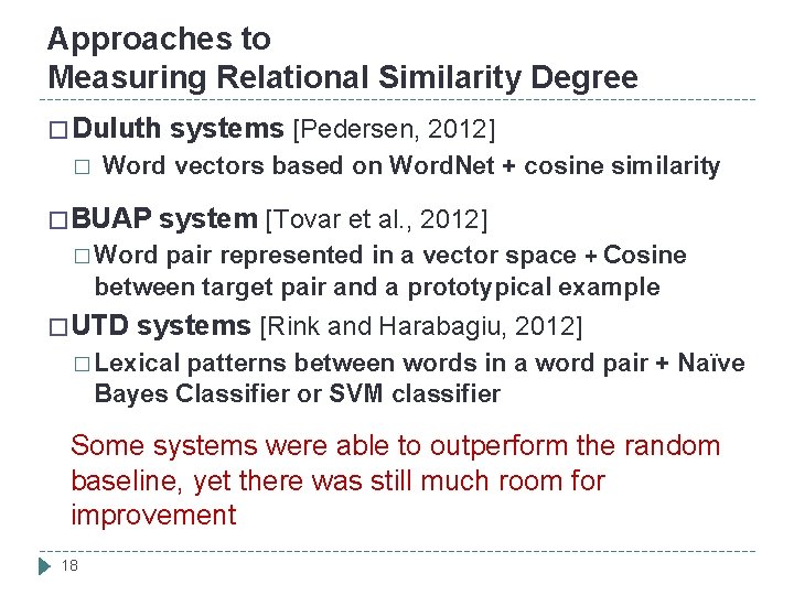 Approaches to Measuring Relational Similarity Degree � Duluth systems [Pedersen, 2012] � Word vectors