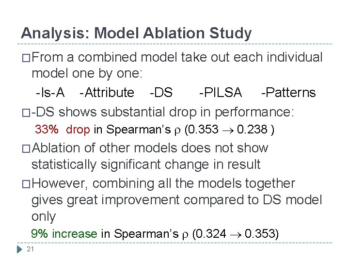 Analysis: Model Ablation Study �From a combined model take out each individual model one