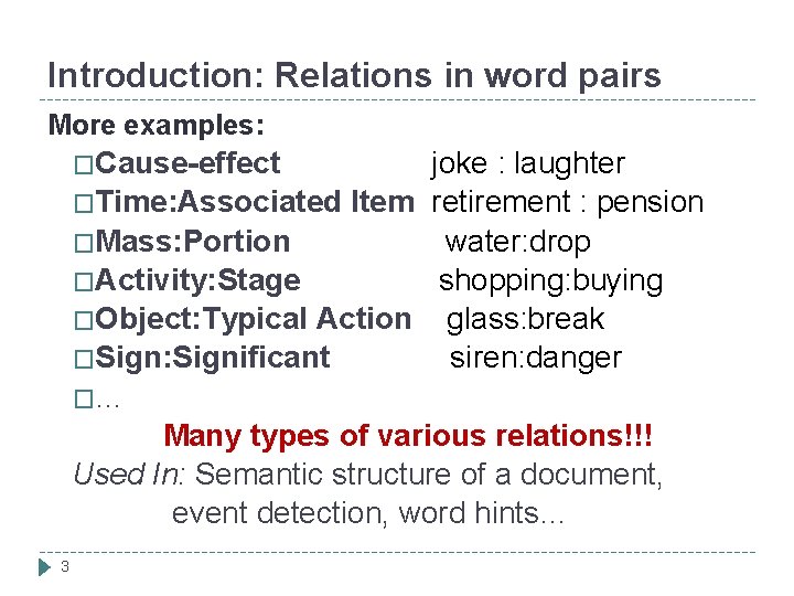 Introduction: Relations in word pairs More examples: �Cause-effect joke : laughter �Time: Associated Item