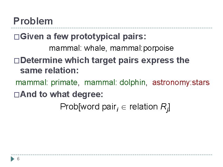 Problem �Given a few prototypical pairs: mammal: whale, mammal: porpoise �Determine which target pairs