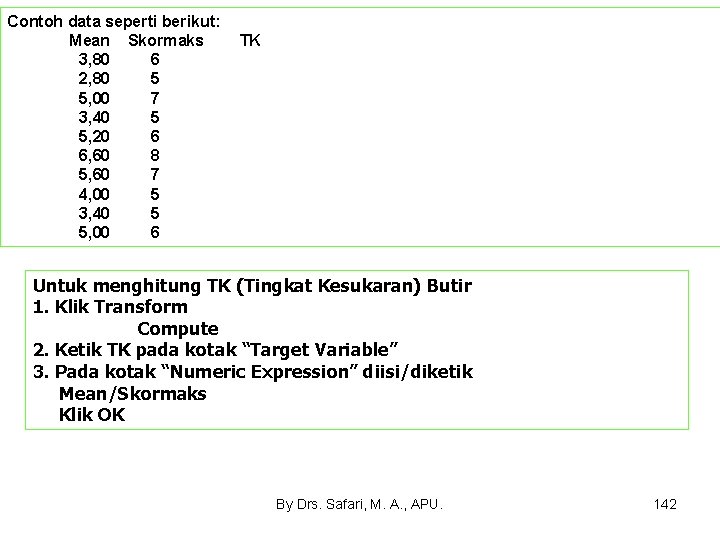 Contoh data seperti berikut: Mean Skormaks 3, 80 6 2, 80 5 5, 00