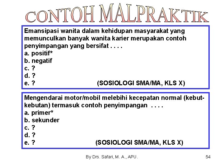 Emansipasi wanita dalam kehidupan masyarakat yang memunculkan banyak wanita karier merupakan contoh penyimpangan yang