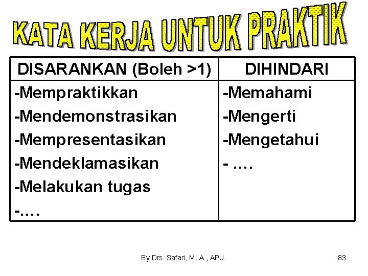 DISARANKAN (Boleh >1) -Mempraktikkan -Mendemonstrasikan -Mempresentasikan -Mendeklamasikan -Melakukan tugas -…. DIHINDARI -Memahami -Mengerti -Mengetahui