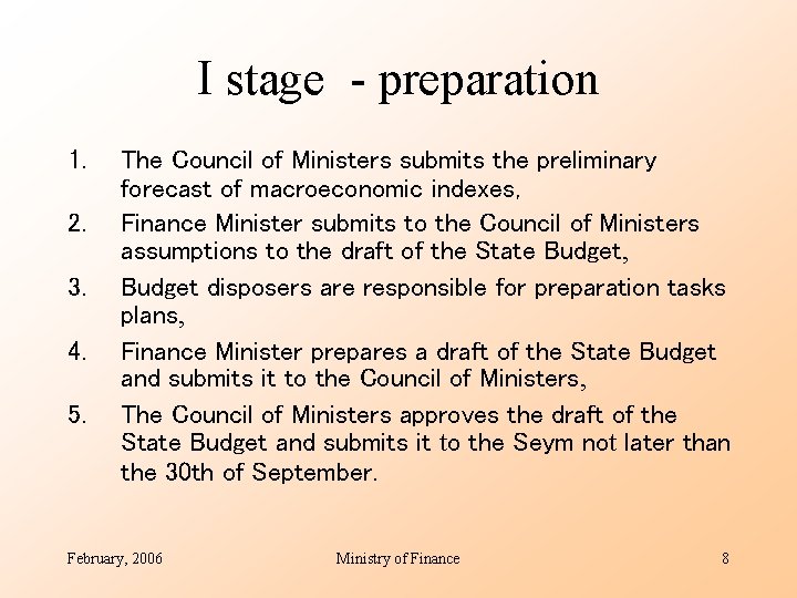 I stage - preparation 1. 2. 3. 4. 5. The Council of Ministers submits