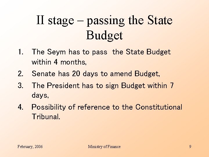 II stage – passing the State Budget 1. The Seym has to pass the