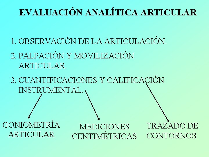 EVALUACIÓN ANALÍTICA ARTICULAR 1. OBSERVACIÓN DE LA ARTICULACIÓN. 2. PALPACIÓN Y MOVILIZACIÓN ARTICULAR. 3.