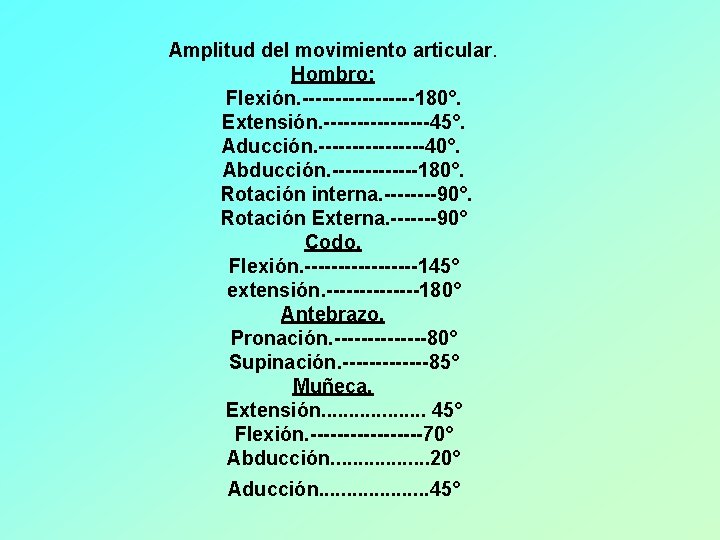 Amplitud del movimiento articular. Hombro: Flexión. ---------180°. Extensión. --------45°. Aducción. --------40°. Abducción. -------180°. Rotación