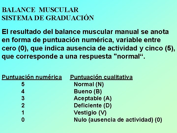 BALANCE MUSCULAR SISTEMA DE GRADUACIÓN El resultado del balance muscular manual se anota en