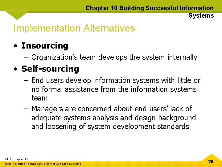 Chapter 10 Building Successful Information Systems Implementation Alternatives • Insourcing – Organization’s team develops