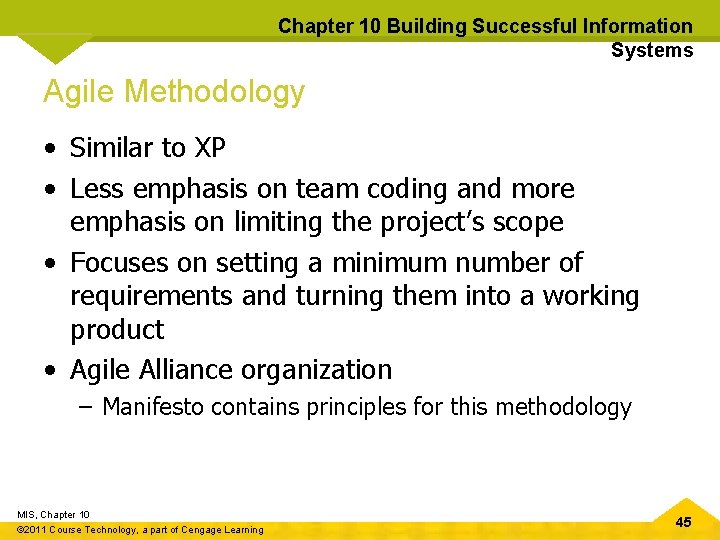 Chapter 10 Building Successful Information Systems Agile Methodology • Similar to XP • Less