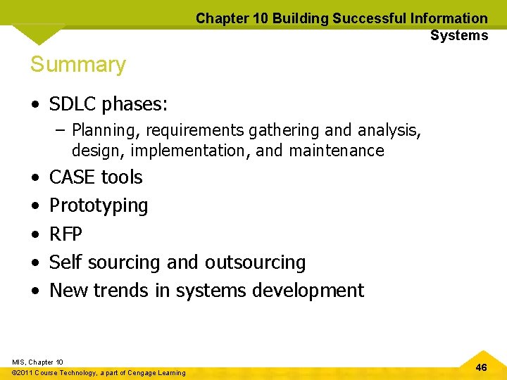 Chapter 10 Building Successful Information Systems Summary • SDLC phases: – Planning, requirements gathering