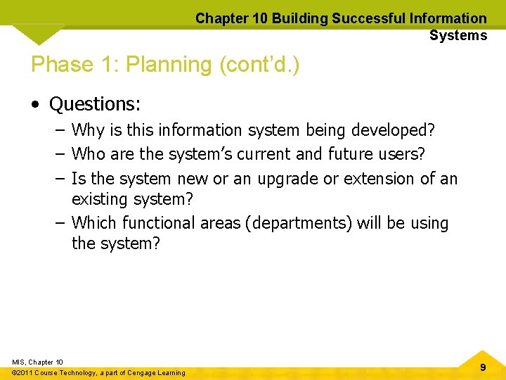 Chapter 10 Building Successful Information Systems Phase 1: Planning (cont’d. ) • Questions: –