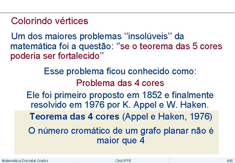 Colorindo vértices Um dos maiores problemas ‘’insolúveis’’ da matemática foi a questão: ‘’se o