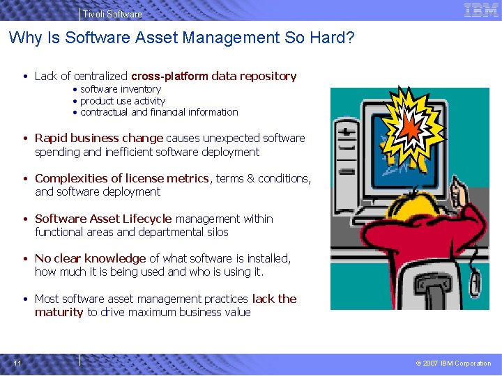 Tivoli Software Why Is Software Asset Management So Hard? • Lack of centralized cross-platform