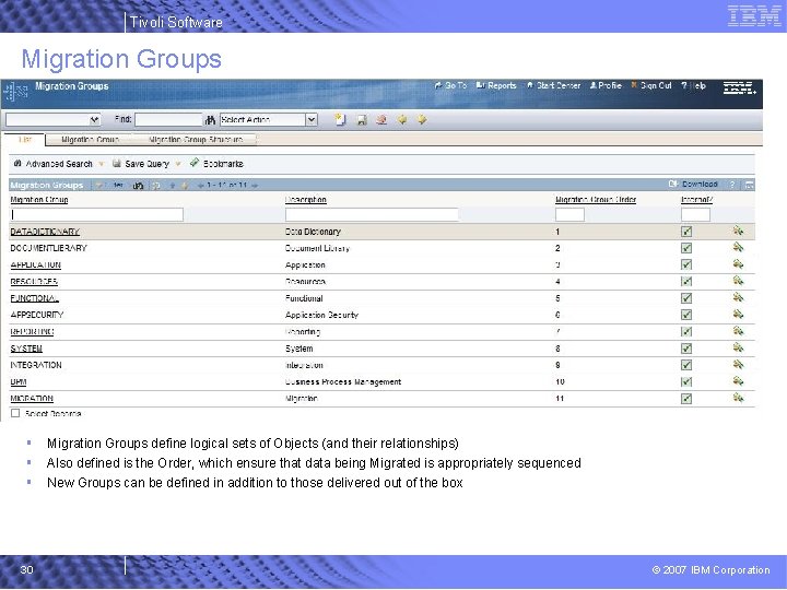 Tivoli Software Migration Groups § § § 30 Migration Groups define logical sets of