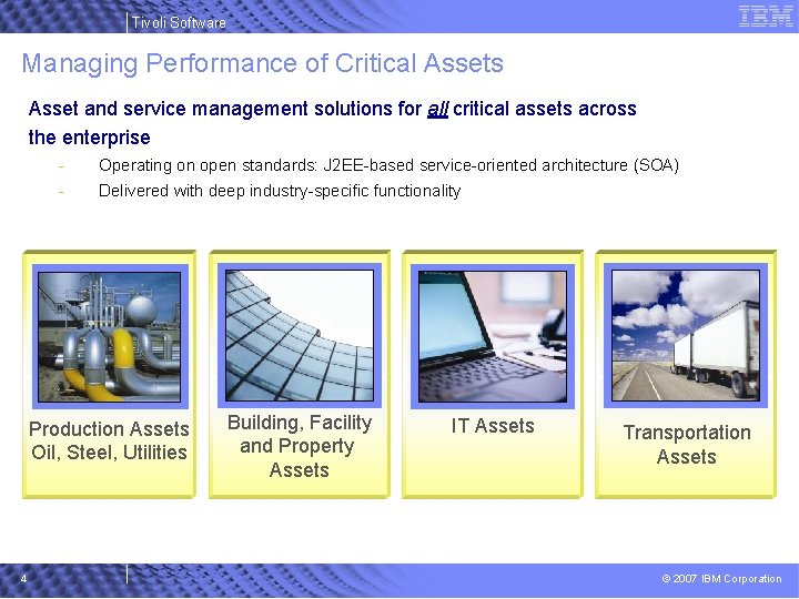 Tivoli Software Managing Performance of Critical Assets Asset and service management solutions for all