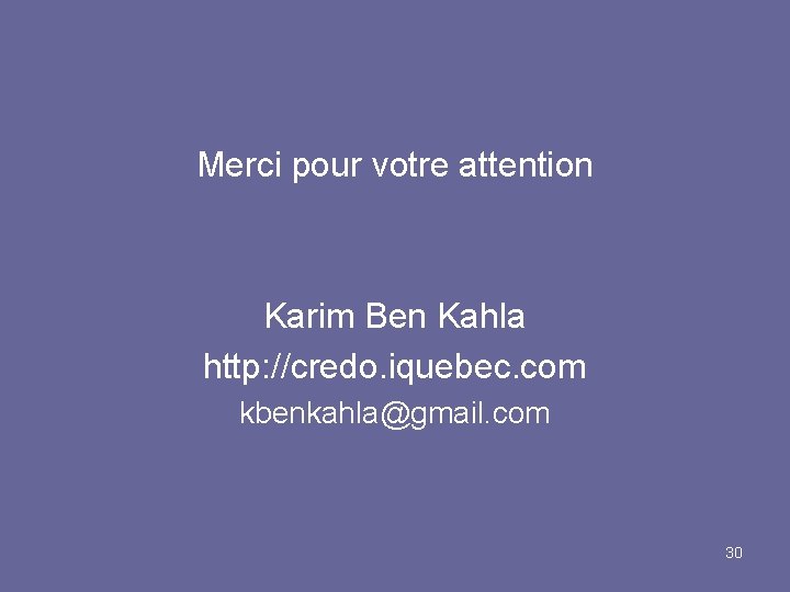 Merci pour votre attention Karim Ben Kahla http: //credo. iquebec. com kbenkahla@gmail. com 30