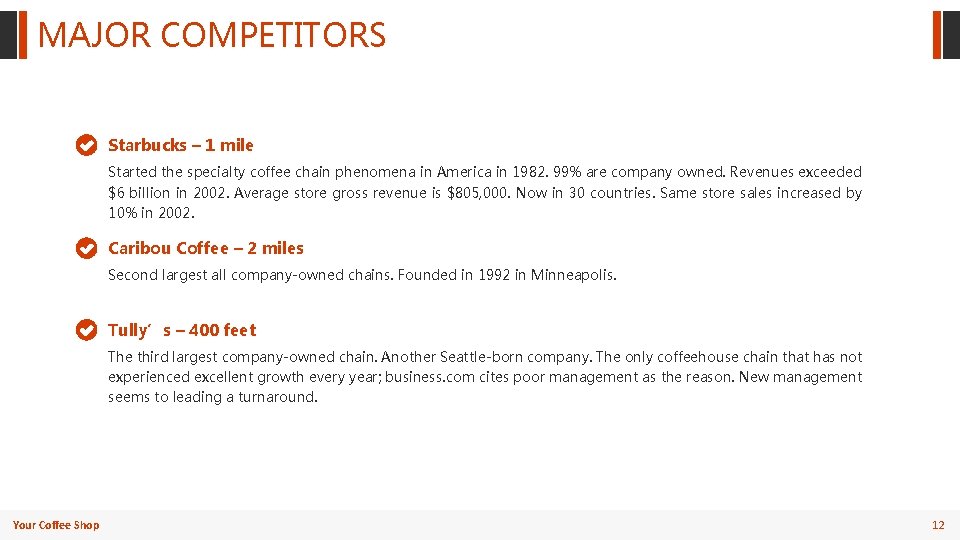 MAJOR COMPETITORS Starbucks – 1 mile Started the specialty coffee chain phenomena in America MAJOR COMPETITORS Starbucks – 1 mile Started the specialty coffee chain phenomena in America