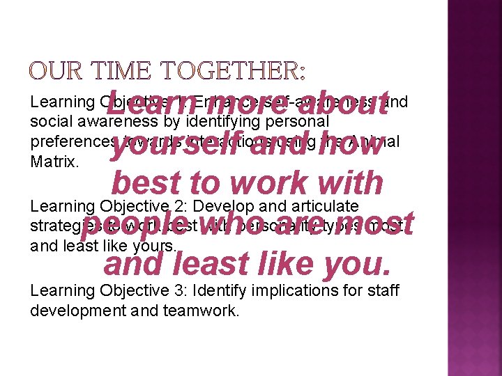 Learn more about yourself and how best to work with Learning Objective 2: Develop