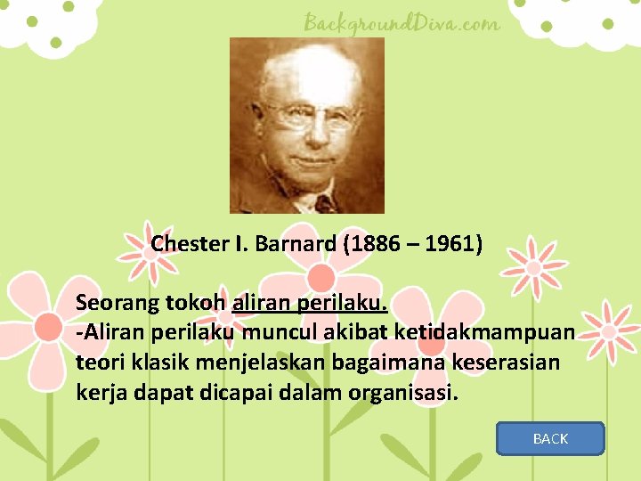 Chester I. Barnard (1886 – 1961) Seorang tokoh aliran perilaku. -Aliran perilaku muncul akibat