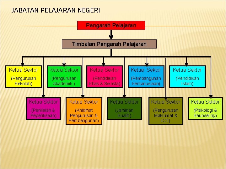 JABATAN PELAJARAN NEGERI Pengarah Pelajaran Timbalan Pengarah Pelajaran Ketua Sektor Ketua Sektor (Pengurusan Sekolah)