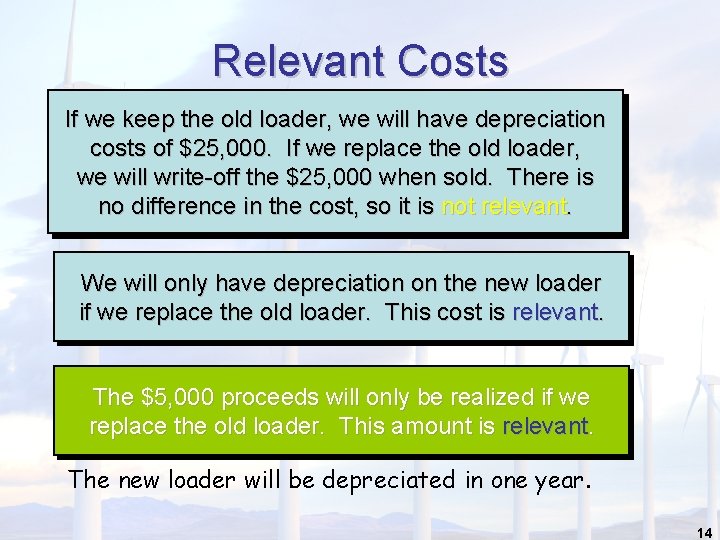 Relevant Costs If we keep the old loader, we will have depreciation costs of
