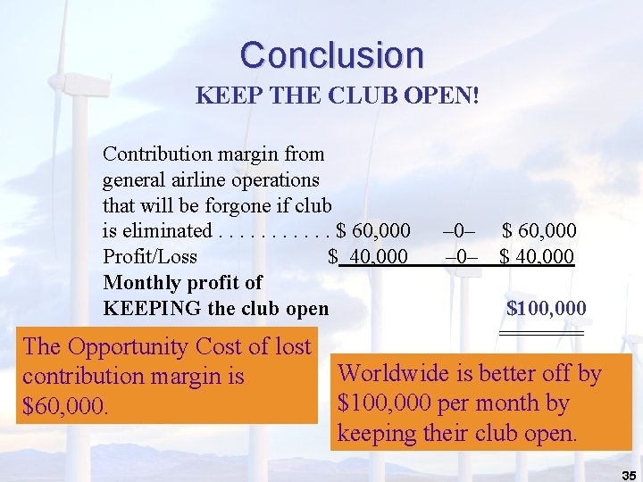 Conclusion KEEP THE CLUB OPEN! Contribution margin from general airline operations that will be
