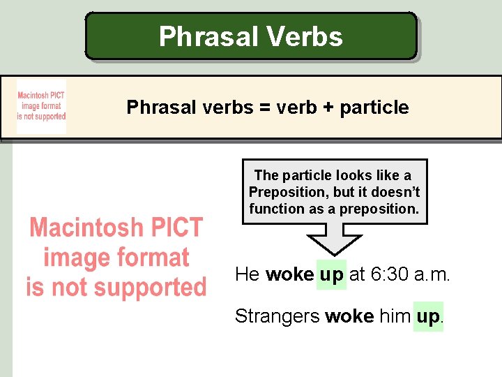 Phrasal Verbs Phrasal verbs = verb + particle The particle looks like a Preposition,