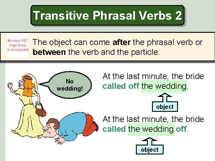 Transitive Phrasal Verbs 2 The object can come after the phrasal verb or between