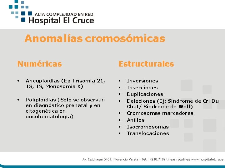 Anomalías cromosómicas Numéricas Estructurales • Aneuploidías (Ej: Trisomía 21, 13, 18, Monosomía X) •