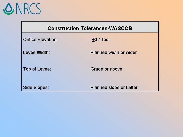Construction Tolerances-WASCOB Orifice Elevation: +0. 1 foot Levee Width: Planned width or wider Top