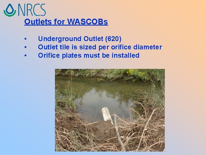 Outlets for WASCOBs • • • Underground Outlet (620) Outlet tile is sized per