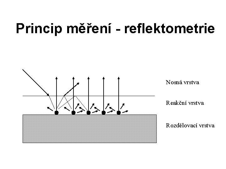 Princip měření - reflektometrie Nosná vrstva Reakční vrstva Rozdělovací vrstva 