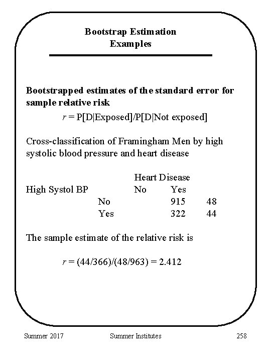 Bootstrap Estimation Examples Bootstrapped estimates of the standard error for sample relative risk r