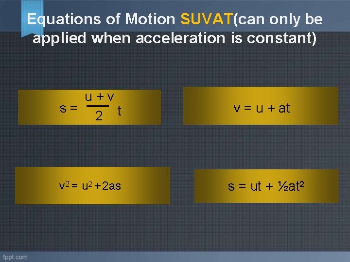 Equations of Motion SUVAT(can only be applied when acceleration is constant) u+v s= 2