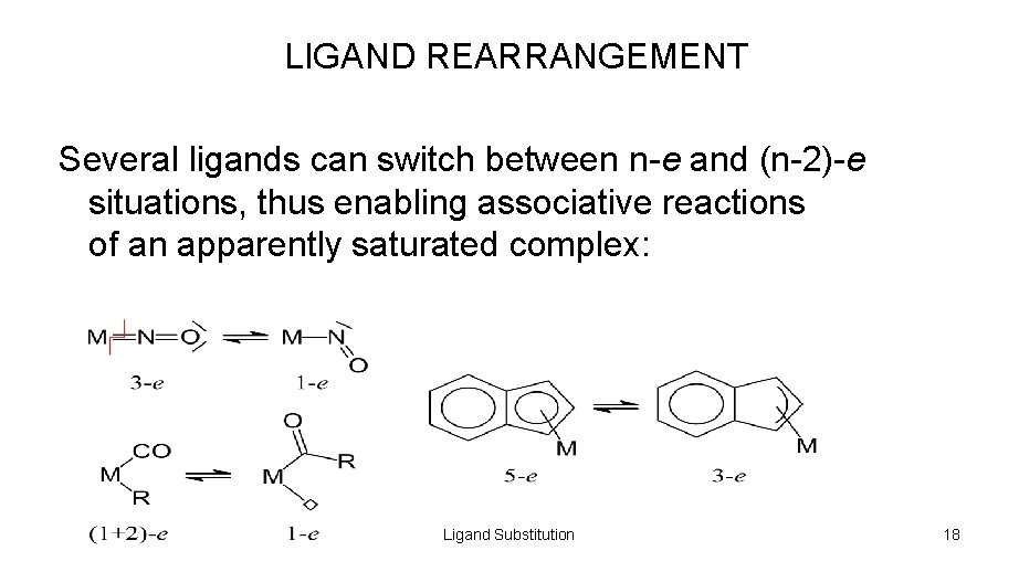 LIGAND REARRANGEMENT Several ligands can switch between n-e and (n-2)-e situations, thus enabling associative