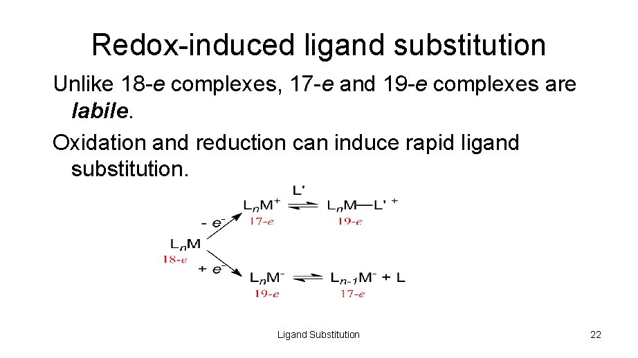 Redox-induced ligand substitution Unlike 18 -e complexes, 17 -e and 19 -e complexes are