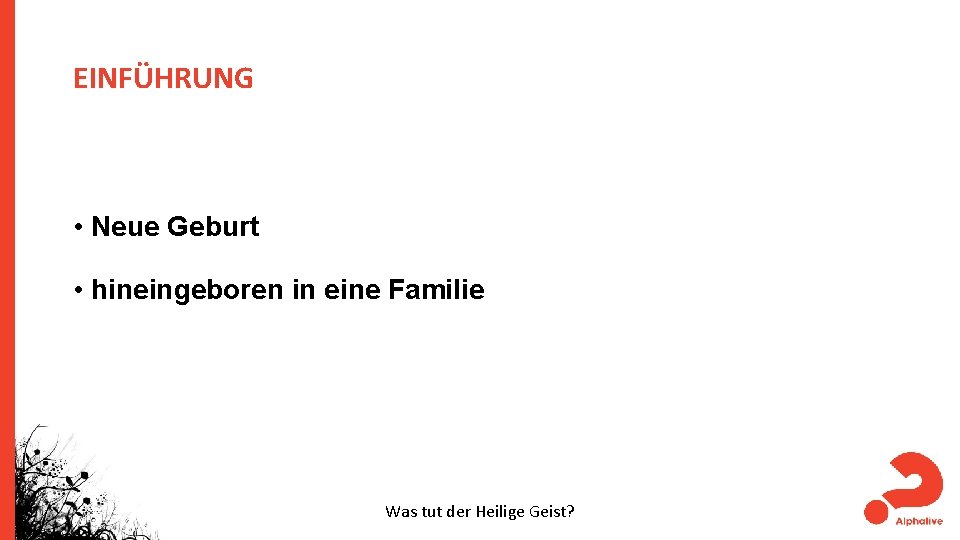 EINFÜHRUNG • Neue Geburt • hineingeboren in eine Familie Was tut der Heilige Geist?