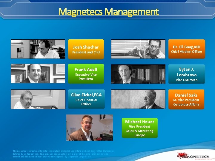 Magnetecs Management Josh Shachar Dr. Eli Gang, MD President and CEO Chief Medical Officer